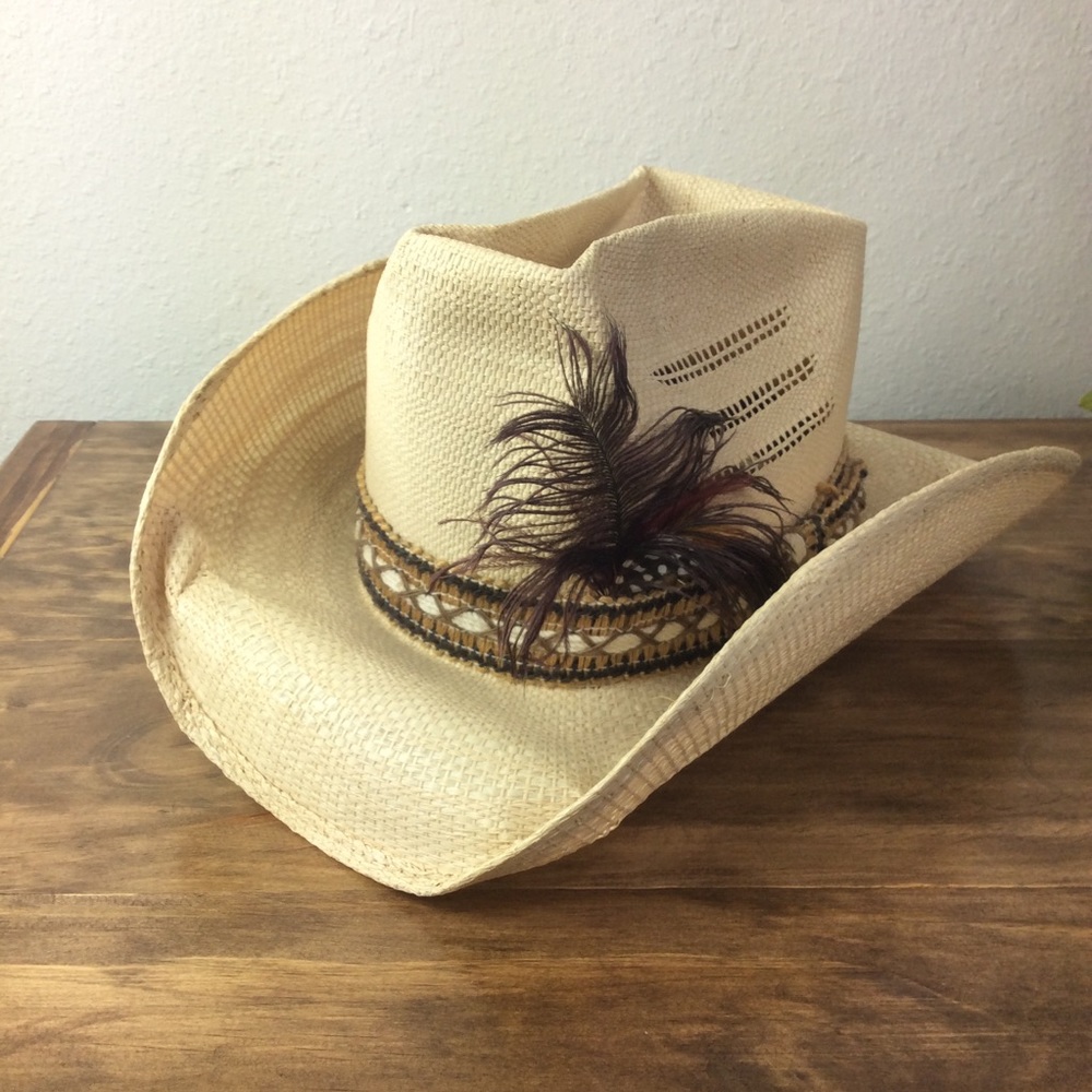 Miller Bros Straw Western Cowboy Hat Band Feather